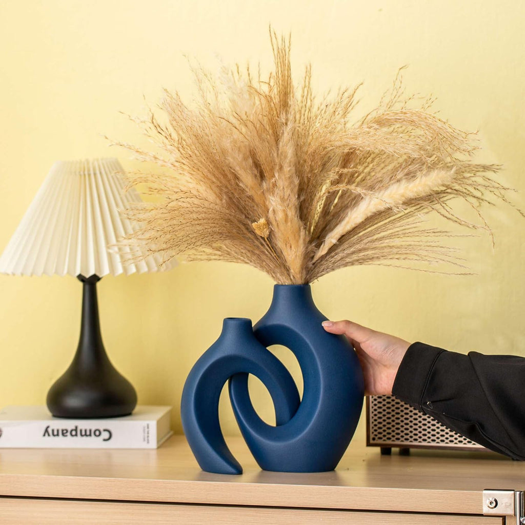 Lvases Snuggle Hollow Ceramic Flower Vase Set 2, Nordic Boho Home Decor | Modern Aesthetic Ins Style Living Room Coffee Table Centerpieces Pampas Grass Decorative Display Matte Navy Blue 6.3"W 8.4"H