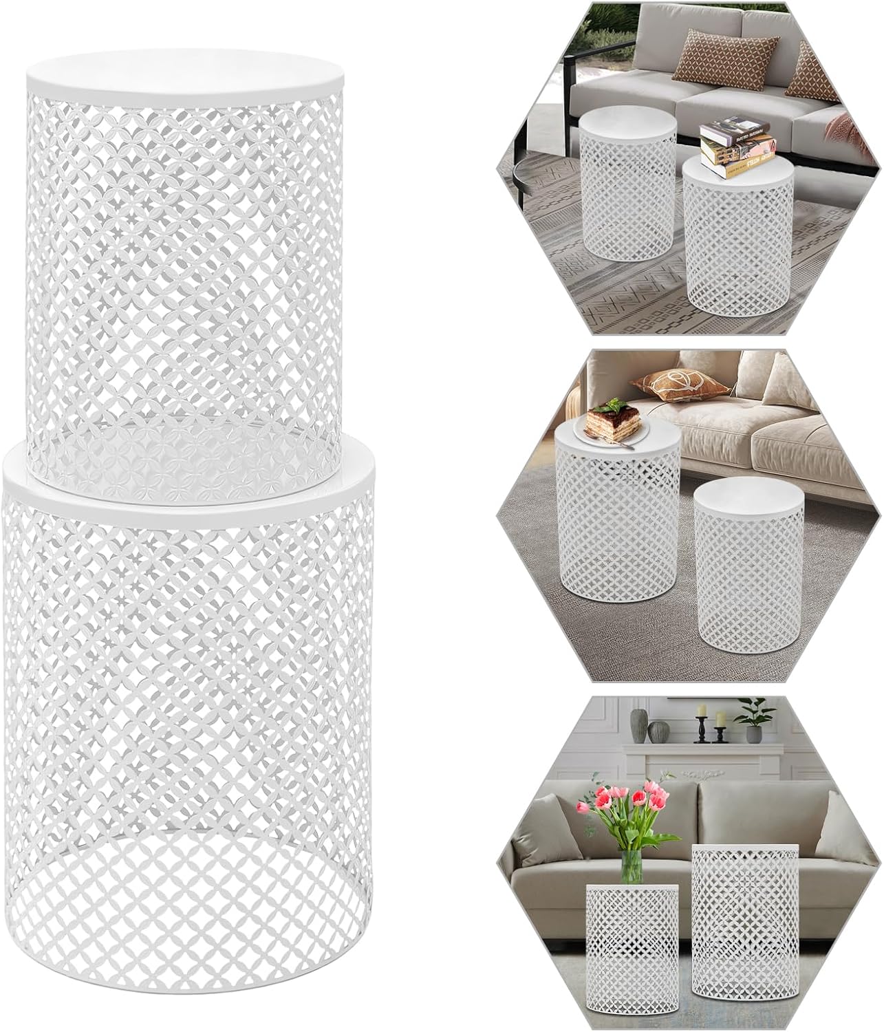 Side Table, Set of 2 Accent Table Decorative Garden Stools for Indoor Outdoor, Bedside Table End Table for Bedroom, Patio, Cafe, Bar, Garden, Nesting, White