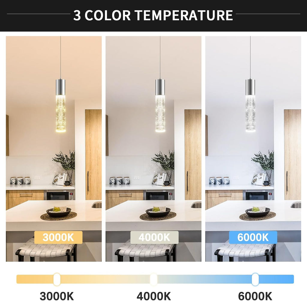 OKELI Modern Pendant Lights,3 Color LED Bubble Crystal Island Light Fixtures,Chrome Mini Pendant Lighting for Kitchen Island,Bar,6W,3000-6000K,ETL,3 Pack