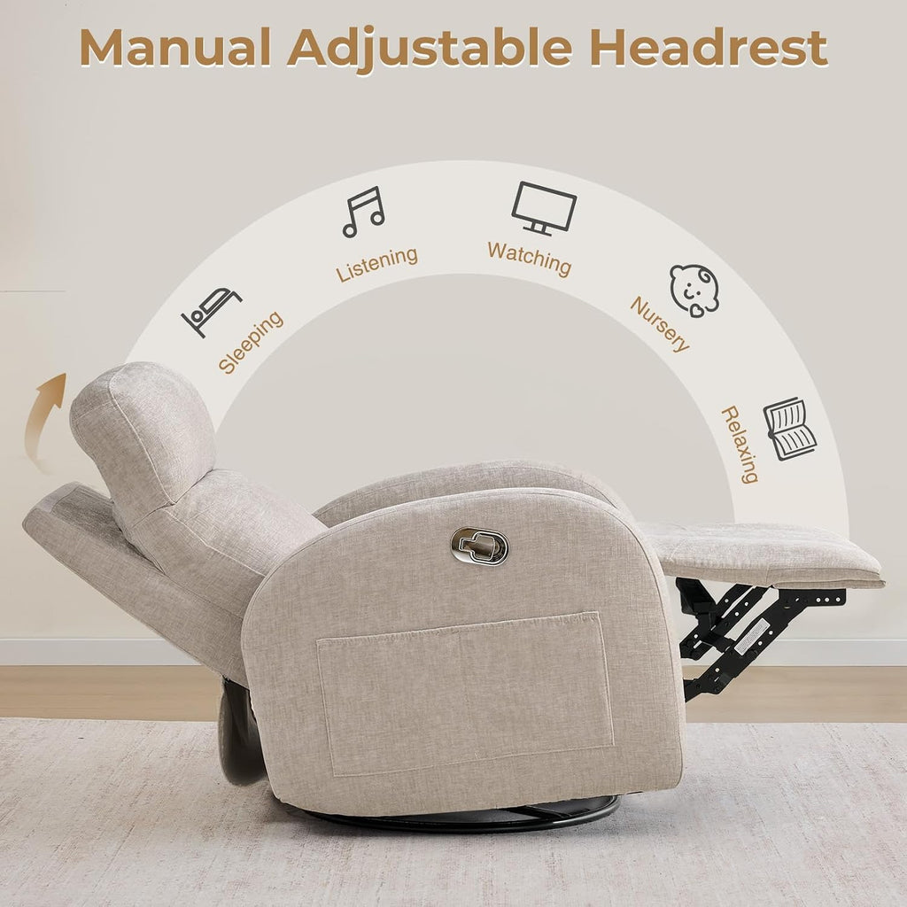 Swivel Rocker Recliner, Manual Swivel Recliner with Adjustable Headrest, Glider Rocking Reclining Nursery Chairs for Small Space, Living Room, Bedroom, Chenille Camel