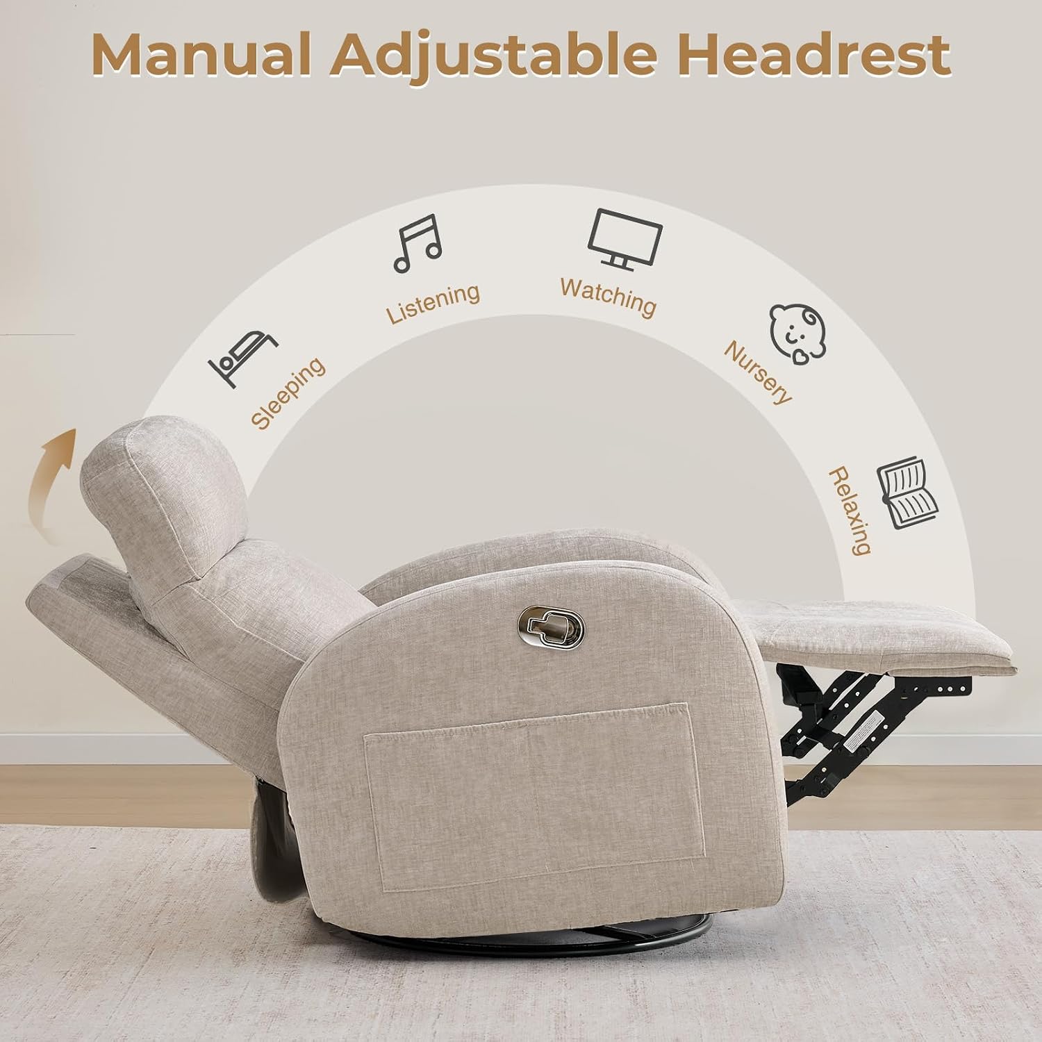 Swivel Rocker Recliner, Manual Swivel Recliner with Adjustable Headrest, Glider Rocking Reclining Nursery Chairs for Small Space, Living Room, Bedroom, Chenille Camel
