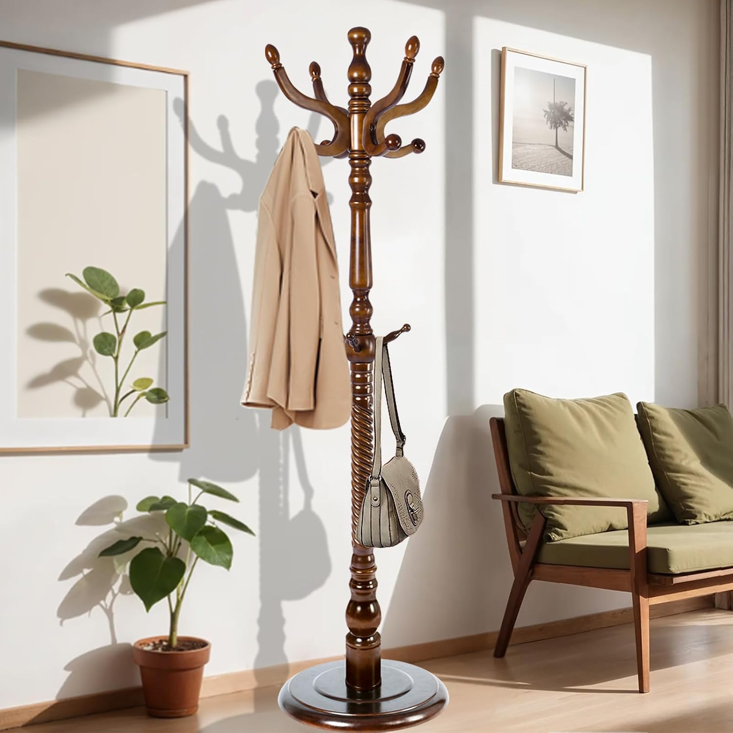 73 in Wood Coat Rack, Coat Rack Freestanding with Stable Round Base, Adjustable Height Tree Coat Racks Stand for Home Bedroom Office Hallway Entryway (Antique color)