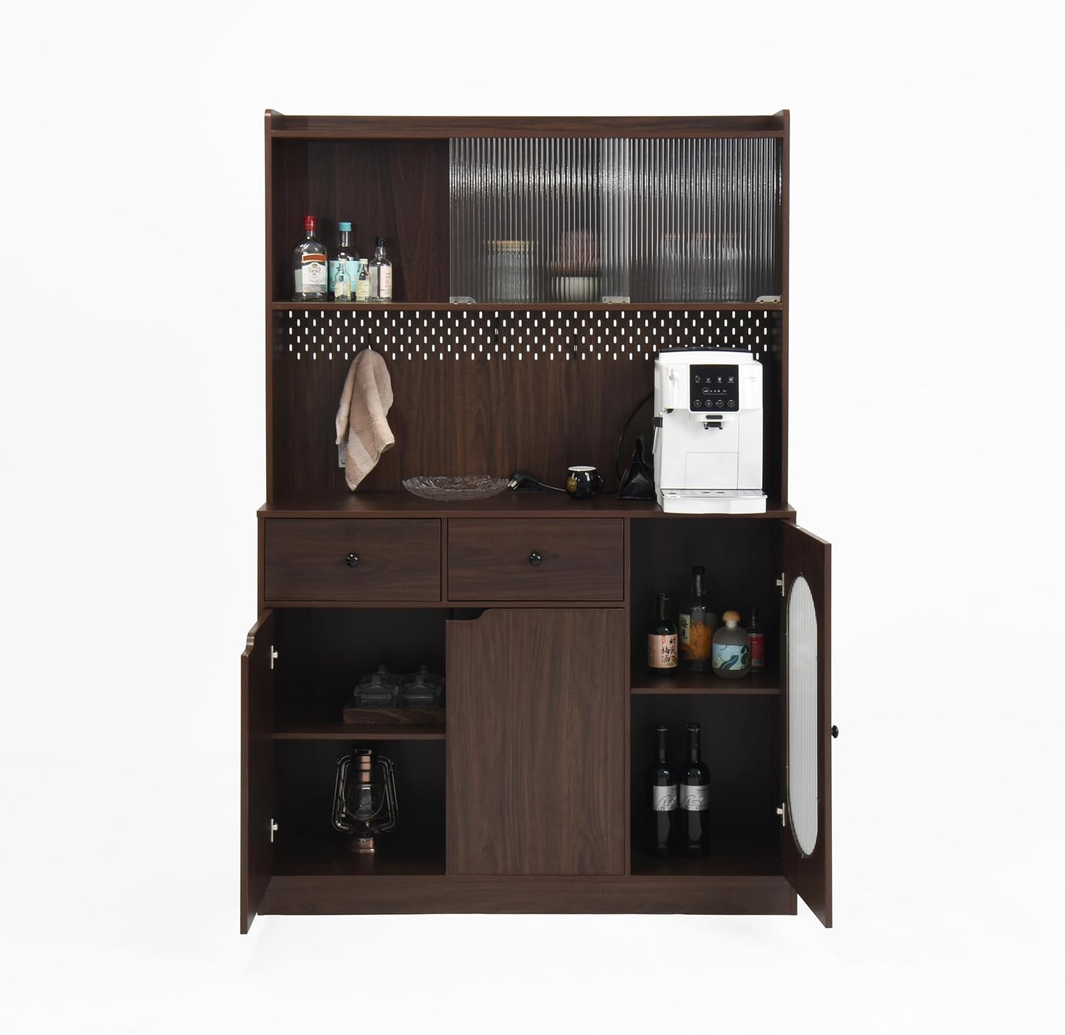 71" Tall Kitchen Pantry Storage Cabinet with Glass Doors Large Capacity Display, Microwave Stand, Bakers Rack with Storage for Kitchen, Pantry, Living Room (Walnut)