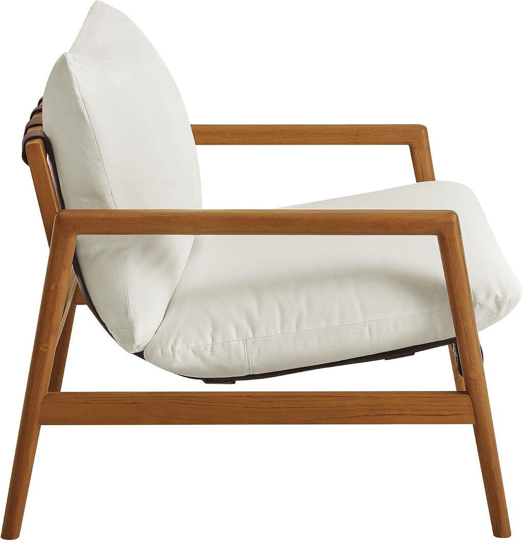 Modway Nomi Teak Wood Outdoor Sling Accent Chair in Natural White - Faux Leather Vegan Patio Armchair with Removable Cushioned Upholstery