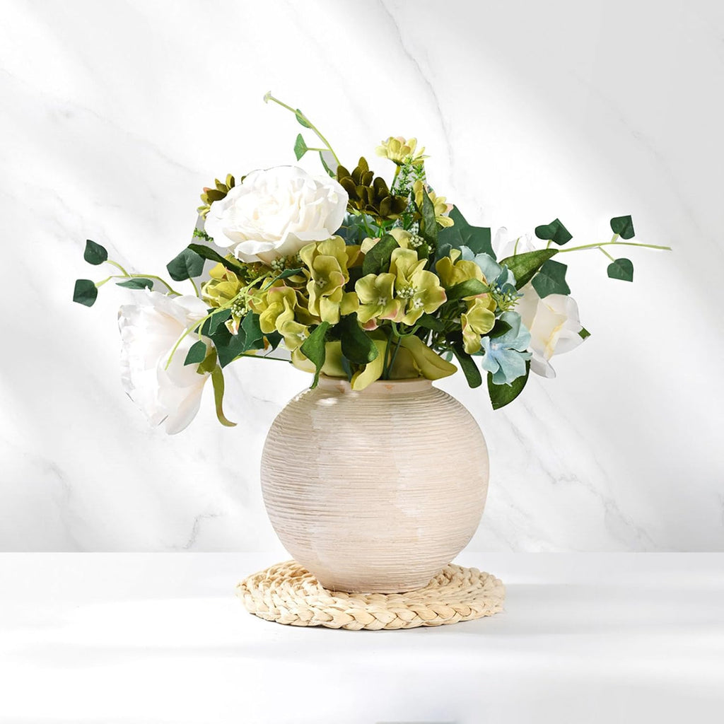Rustic Farmhouse Vase Home Decor - 6 in Ceramic Boho Decorative Vase for Decor, Round Clay Whitewashed Terracotta Bowl vase for Living Room, Table, Shelf, Centerpieces