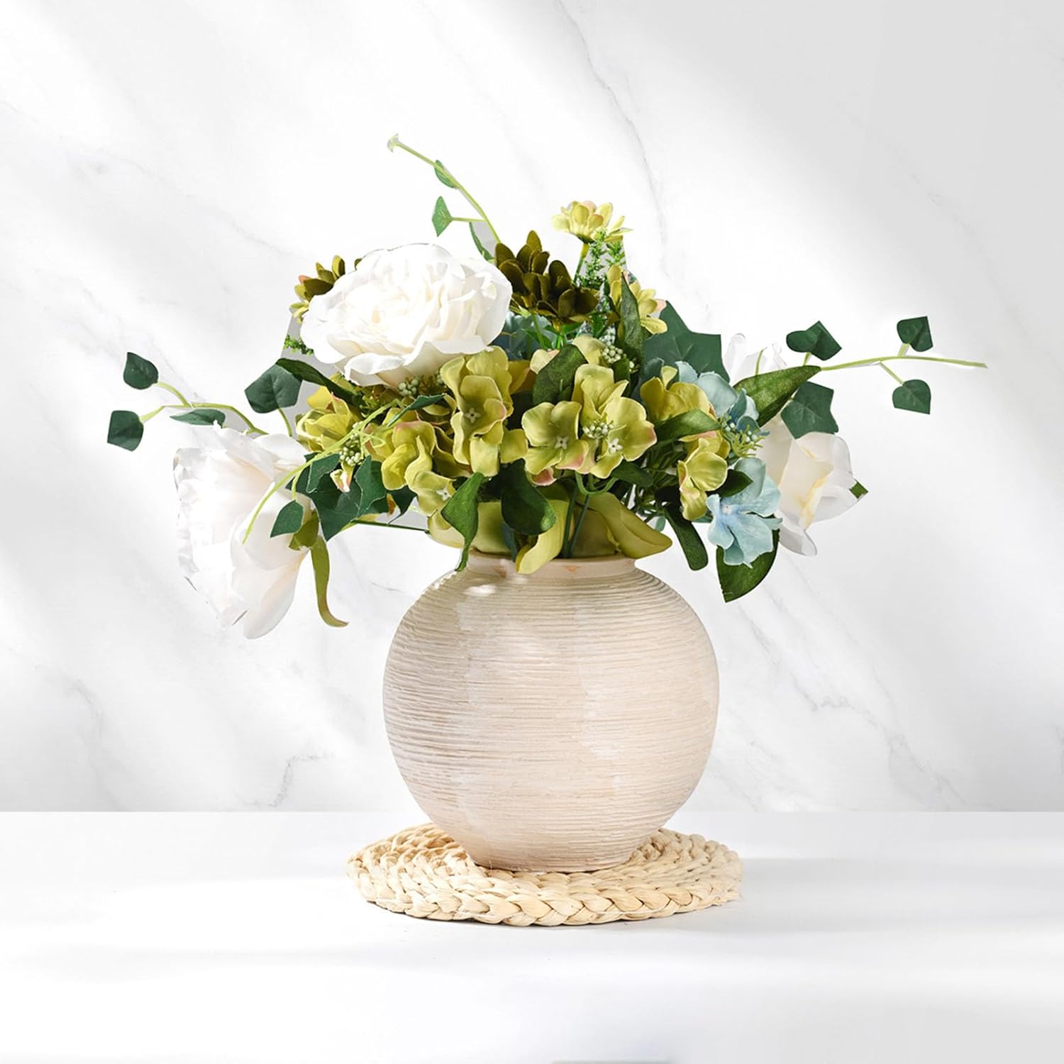 Rustic Farmhouse Vase Home Decor - 6 in Ceramic Boho Decorative Vase for Decor, Round Clay Whitewashed Terracotta Bowl vase for Living Room, Table, Shelf, Centerpieces