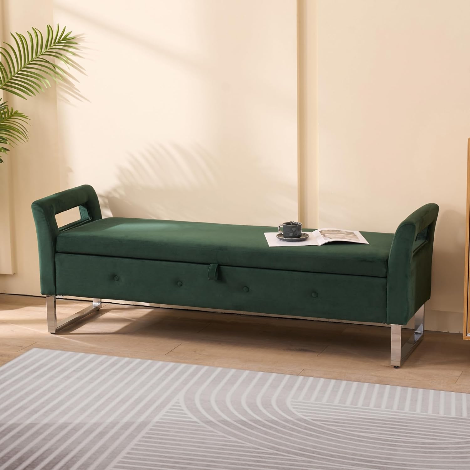Aoiy & Wifon 67.91" W King Size Bench for End of Bed, Upholstered End of Bed Storage Bench with Metal Legs for Bedroom, Velvet (Green)