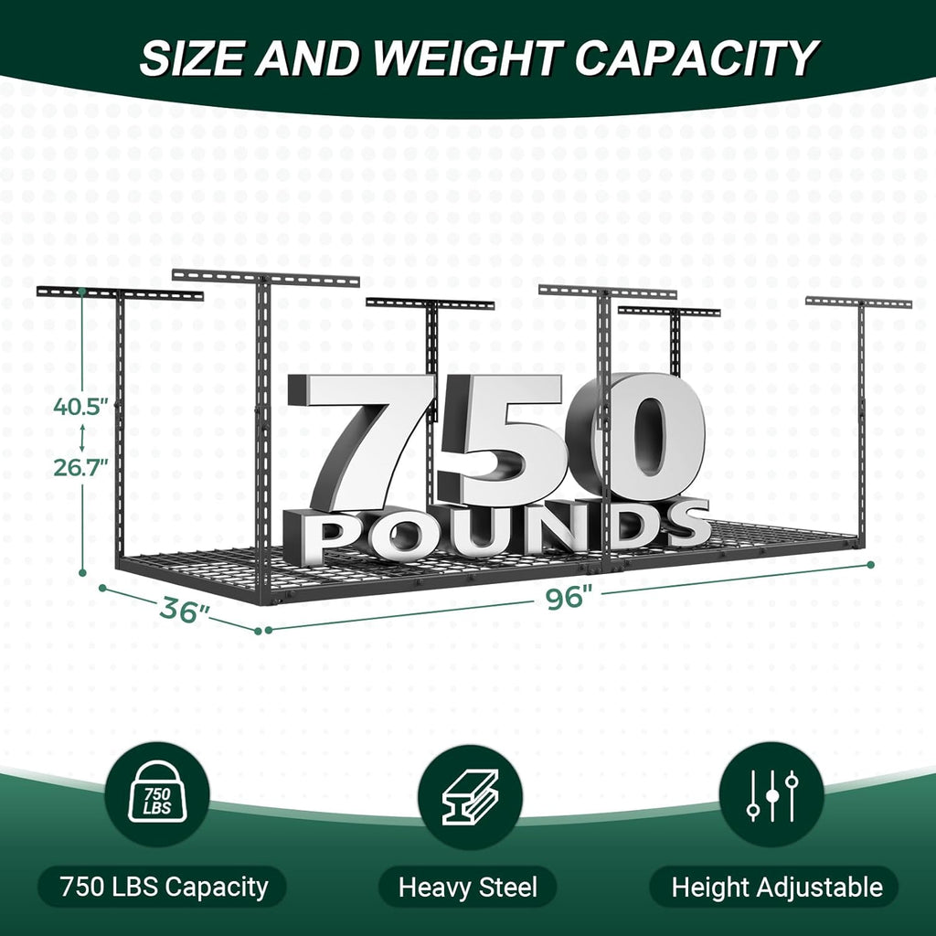 3x8 FT Overhead Garage Storage Rack, 26"-40" Height Adjustable Heavy Duty Garage Ceiling Storage Rack, 750LBS Capacity Metal Hanging Organizer System for Garage