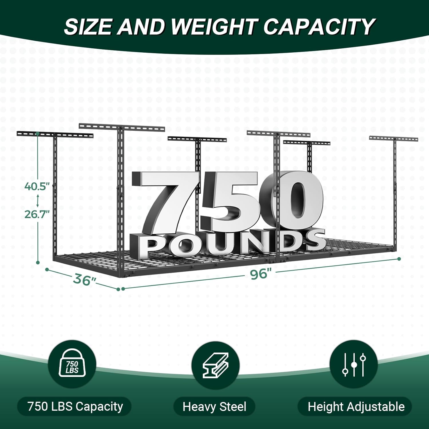 3x8 FT Overhead Garage Storage Rack, 26"-40" Height Adjustable Heavy Duty Garage Ceiling Storage Rack, 750LBS Capacity Metal Hanging Organizer System for Garage