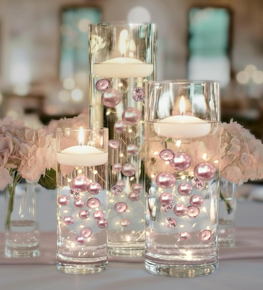100 Floating Light Pink Pearls with Pink Sparkling Gems- Large Sizes- Fills 2 Gallons for Your Vases- with Pre-Measured Prep Bags for Best Results!