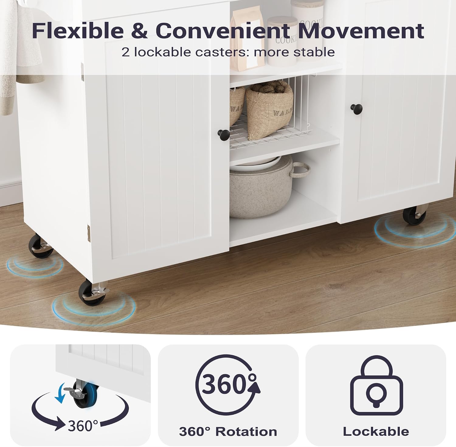 Furnify Kitchen Island with Wheels & Drawers, Kitchen Island Cart, White | Rolling Kitchen Island with Drop Leaf, Mobile Kitchen Storage Cabinet with Towel Rack & Spice Rack for Dining Room, Kitchen