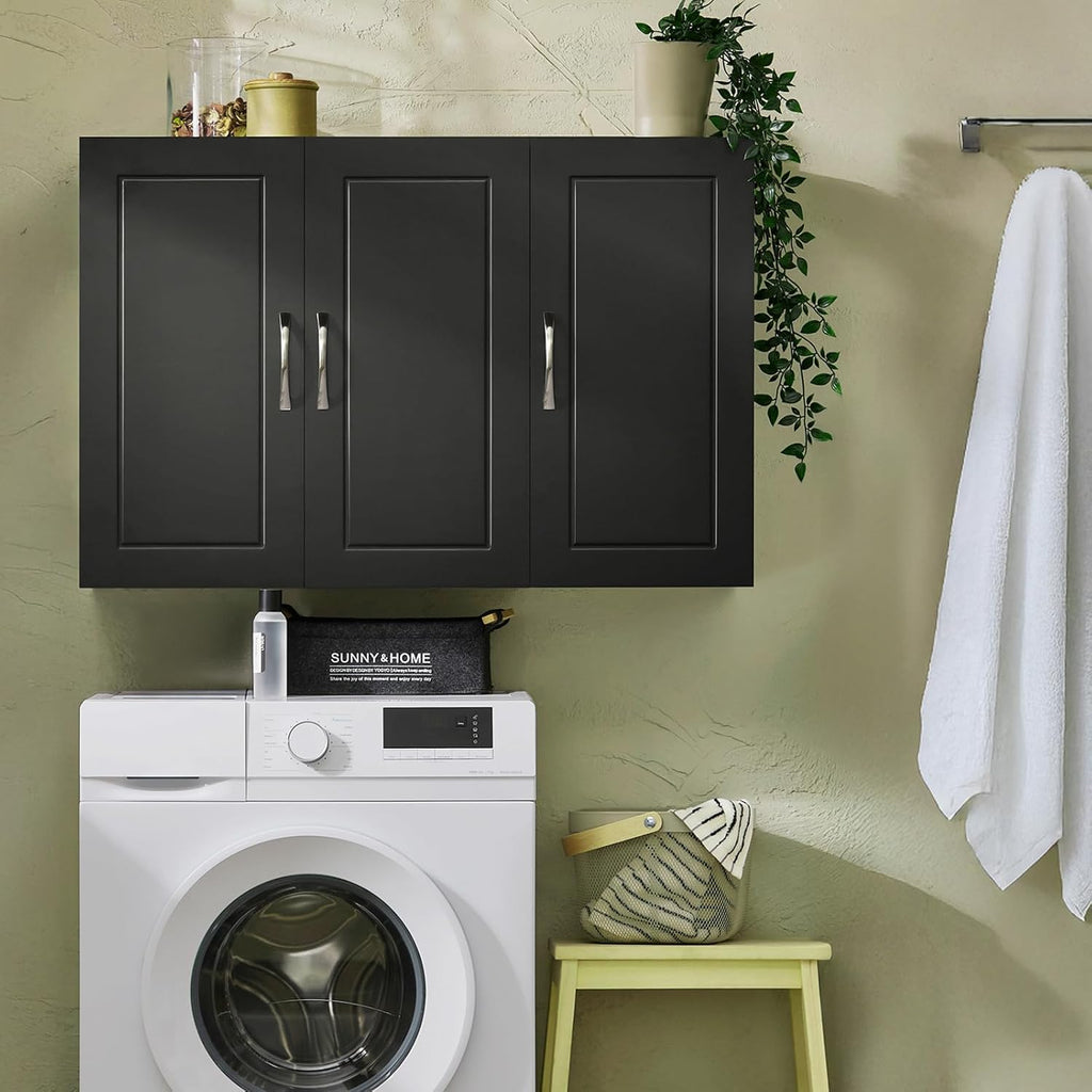 3-Doors Bathroom and Laundry Room Wall Cabinet with Adjustable Shelves, Medicine Cabinet, Wall Mounted MDF Storage Organizer Over Toilet or Washer, Black, HUS-FRG231-L