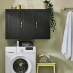 3-Doors Bathroom and Laundry Room Wall Cabinet with Adjustable Shelves, Medicine Cabinet, Wall Mounted MDF Storage Organizer Over Toilet or Washer, Black, HUS-FRG231-L