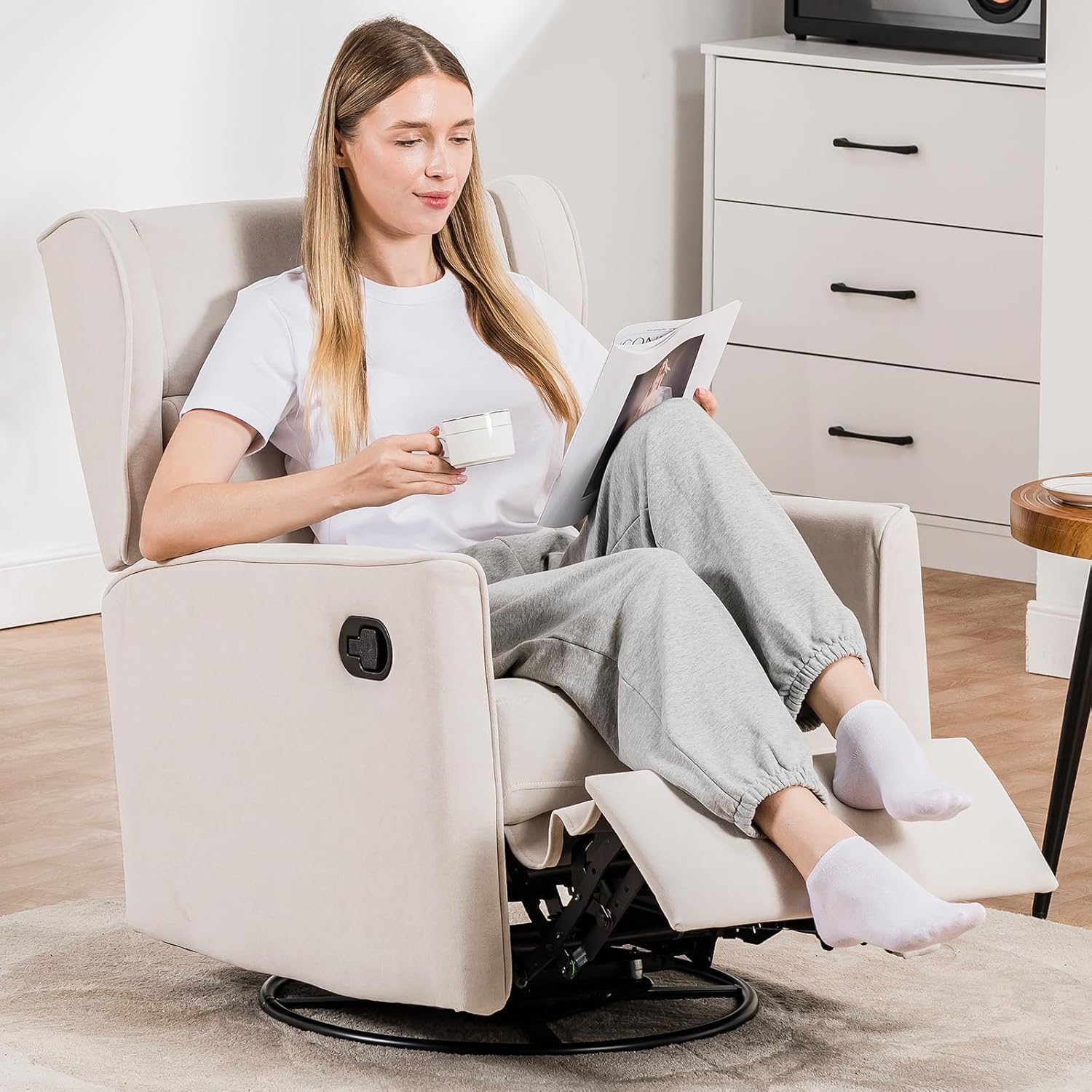 COMHOMA Rocking Recliner Chair Swivel Glider Beige | Manual Rocker, Upholstered Seating, For Living Room Office Nursery
