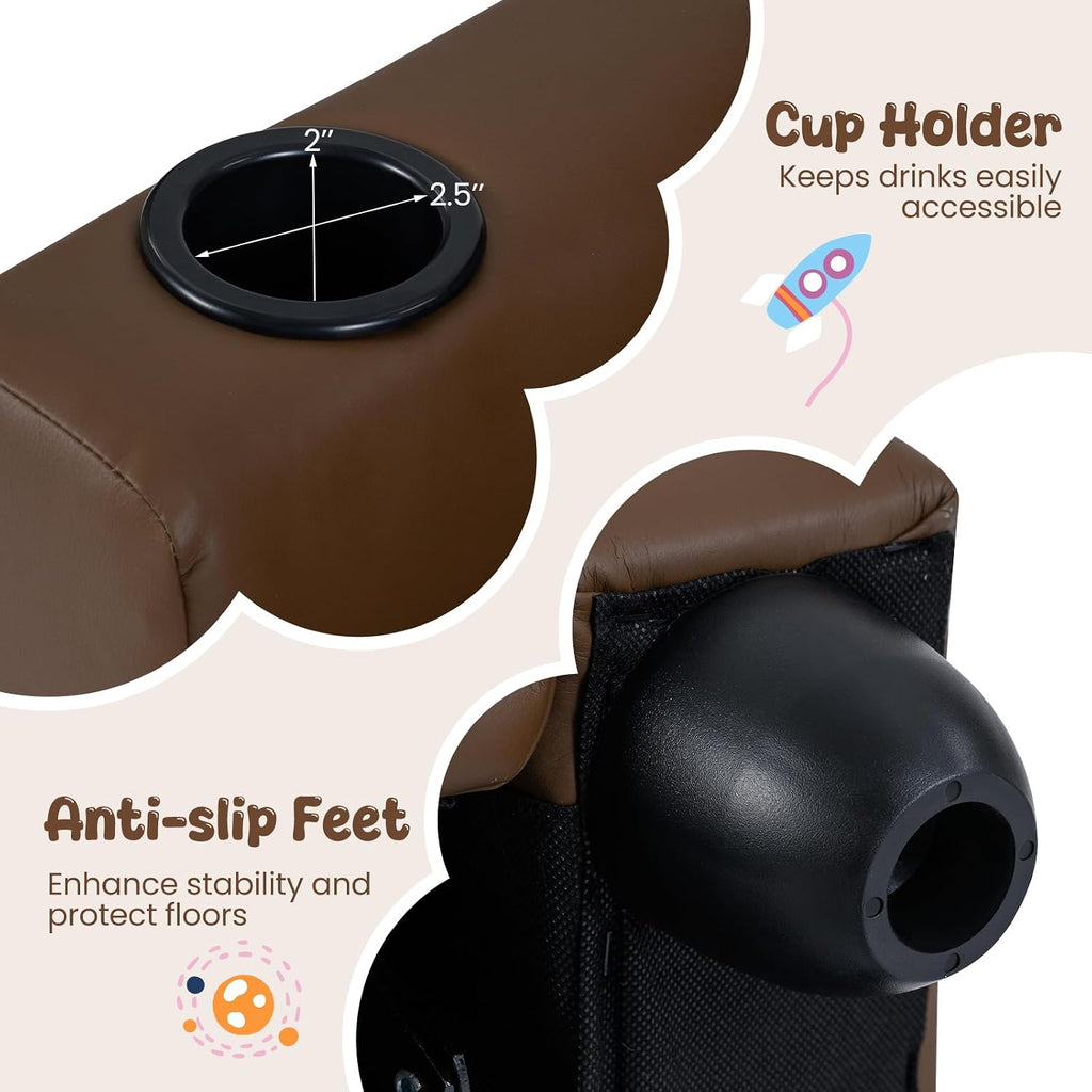HONEY JOY Kids Recliner, 2-in-1 Toddler Armrest Sofa Couch with Cup Holders, Adjustable Footrest, PU Leather, Child-Size Recliner Chair for Boys Girls Age 3+ (Brown)