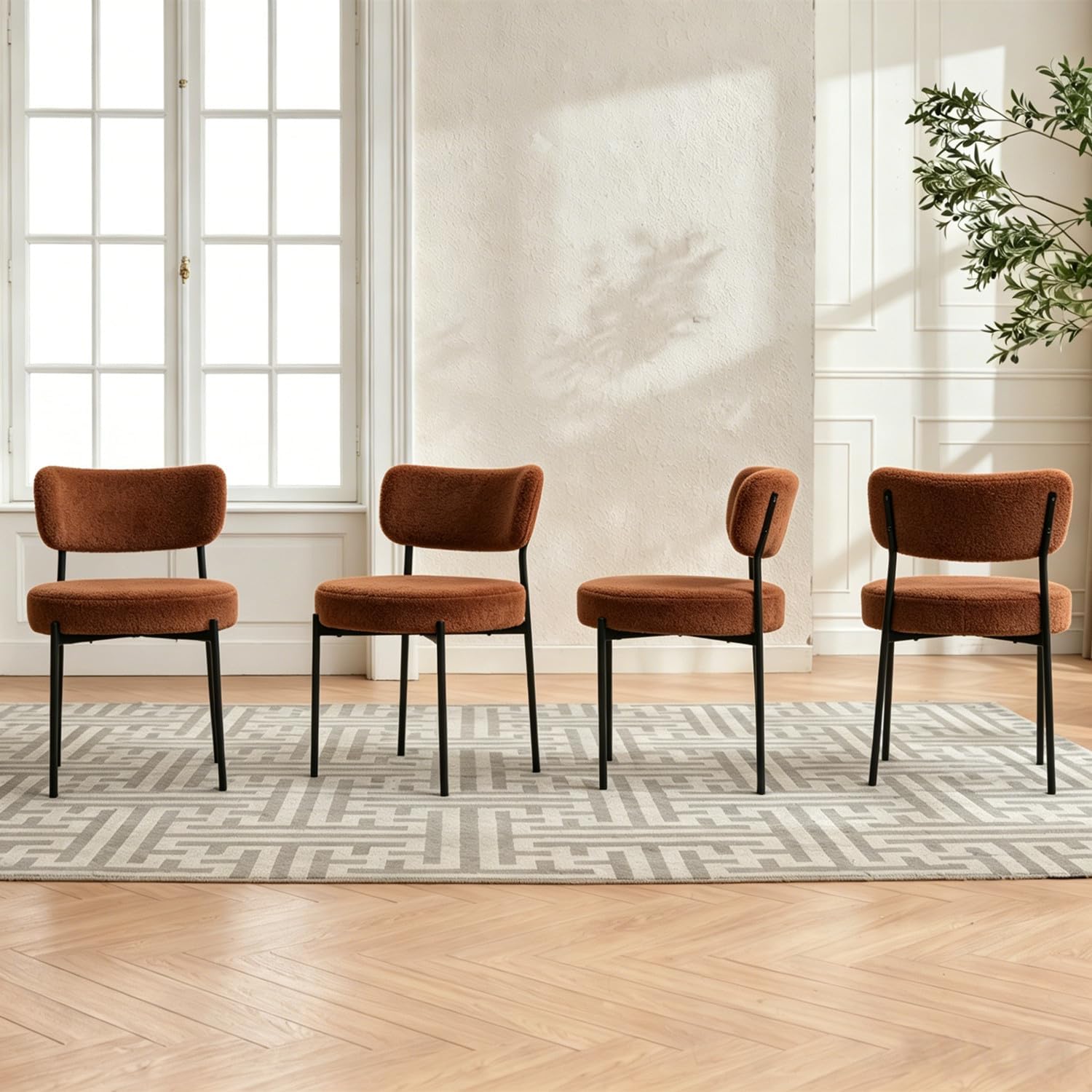 Brown Boucle Dining Chairs Set of 8, Mid Century Modern Dining Room Chair with Curved Backrest & Metal Legs, Round Upholstered Dining Chairs for Kitchen, Living Room