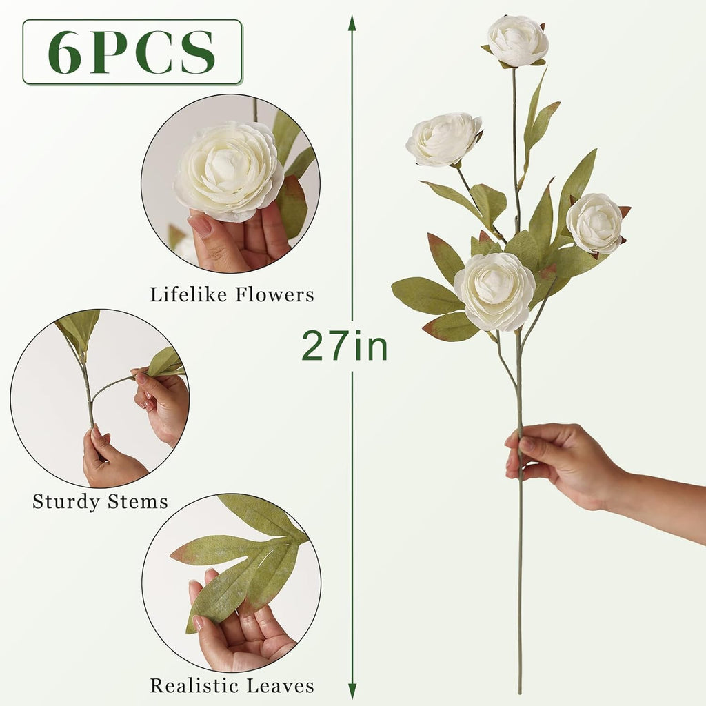 VIERENA 6 PCS Artificial Ranunculus Branches for Vase - 27" Fake Silk Persian Buttercup Stems Look Real Faux Flowers for DIY Bouquet, Table Centerpieces, Farmhouse, Home Decor (Cream)