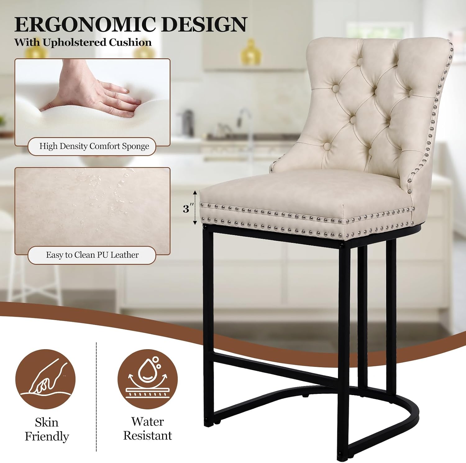 UVV Counter Height Bar Stools Set of 4, 26" Modern Barstools with Back, Faux Leather Upholstery Counter Chairs with Metal Legs for Kitchen Island, Bar, Counter, Beige
