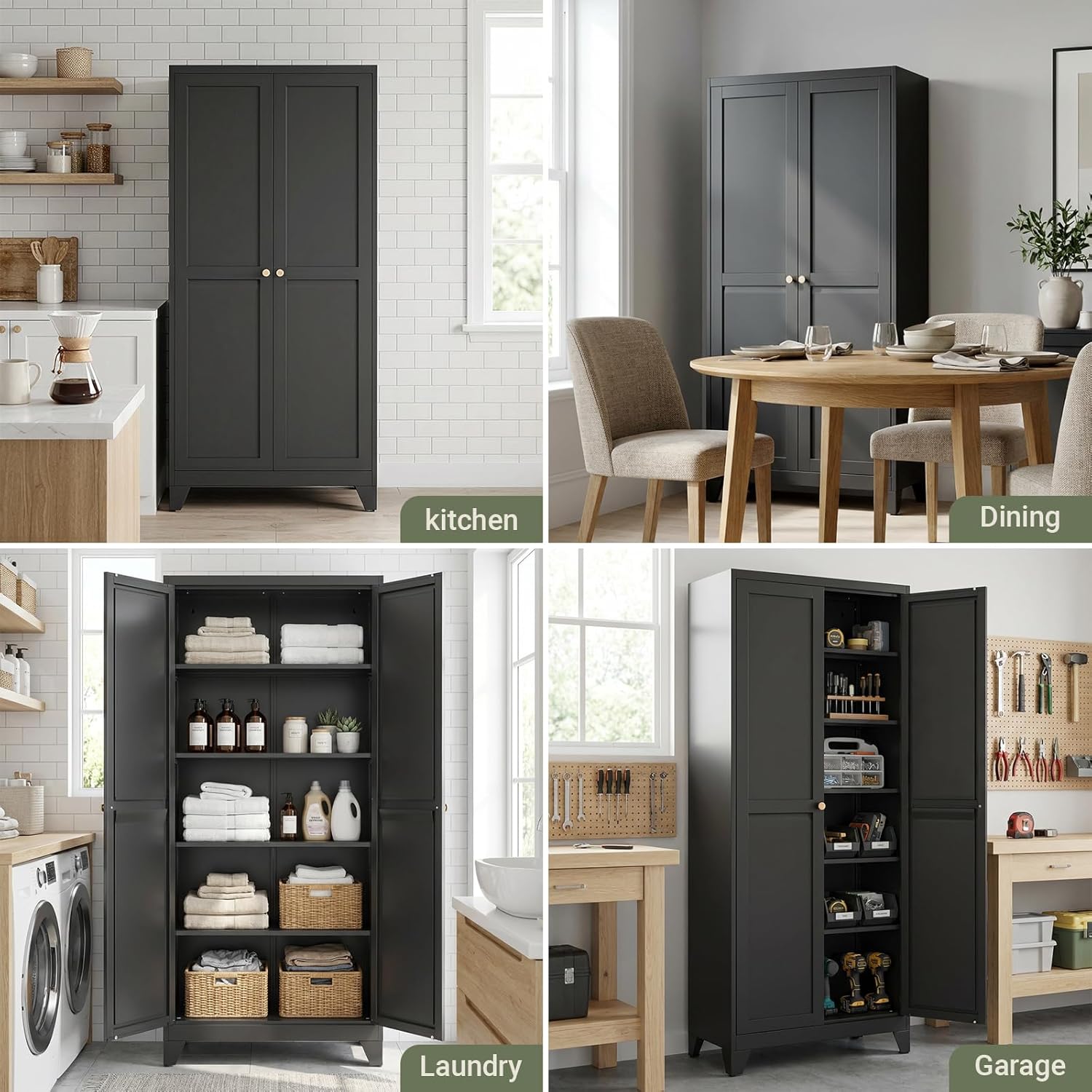75" Metal Kitchen Storage Cabinet with Doors, Freestanding Steel Pantry Cabinet, 5 Adjustable Shelves, for Dining Room, Black