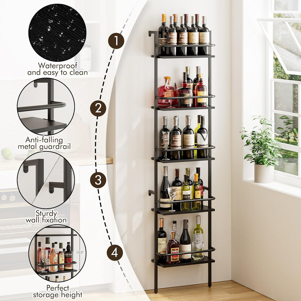 5-Tier Wine Rack Wall Mounted, Wine Racks Freestanding Floor with Fences, 50 Bottles Wine Bottle Holder Liquor Cabinet Bar Shelves for Home, Kitchen, Dining Room (Black)
