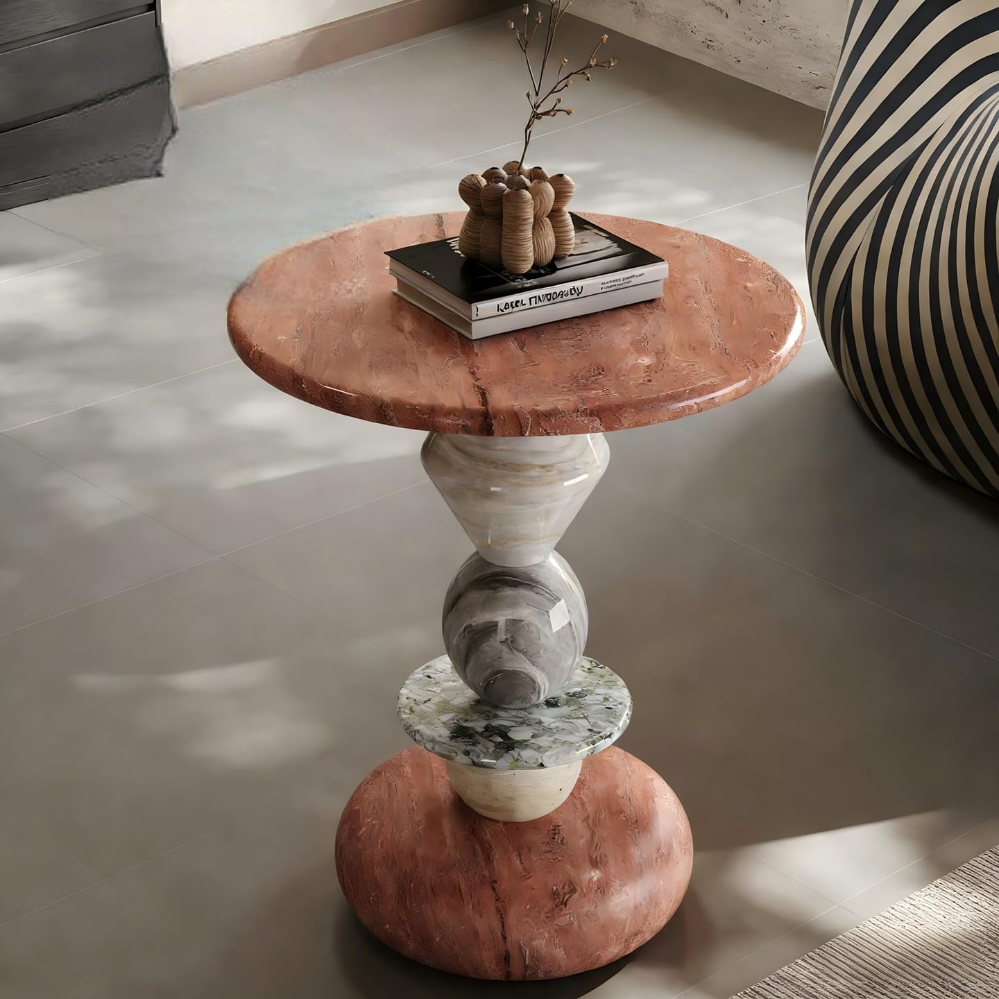 Modern Marble Side Table, Round Accent Table with Sculptural Stone Base, Luxury Small Coffee Table for Living Room, Bedroom, Sofa End Table