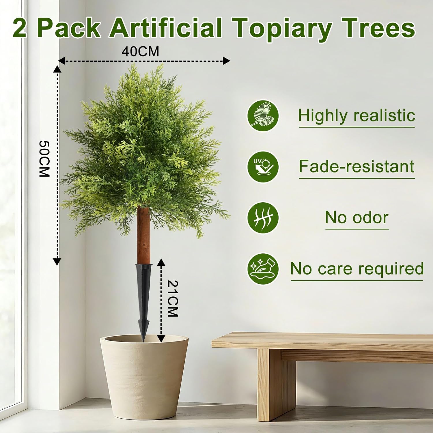 Artificial Cedar Topiary Ball Trees for Outdoors, Set of 2 Fake Evergreen Shrubs with Ground Spikes, Faux Outdoor Plants with Real Wood Stems for Front Porch Garden Patio Planters