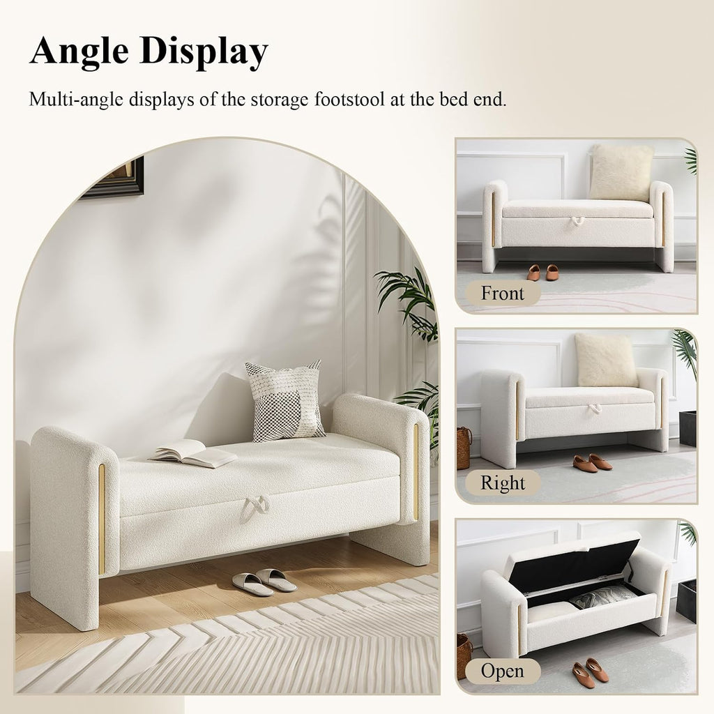 52" Storage Ottoman Bench, Teddy Upholstered End of Bed Bench with Pull-Ring, Storage Bench with Armrest, Window Bench Sturdy with Safety Hinge,Entryway Bench for Bedroom(Cream)