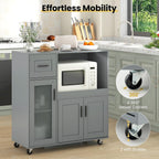 GOFLAME Rolling Kitchen Island Cart on Wheels, Mobile Kitchen Cart with Drawer, Open Shelf and Glass Door Cabinet, Microwave Stand Cart, Portable Kitchen Island for Kitchen, Dining Room, Grey