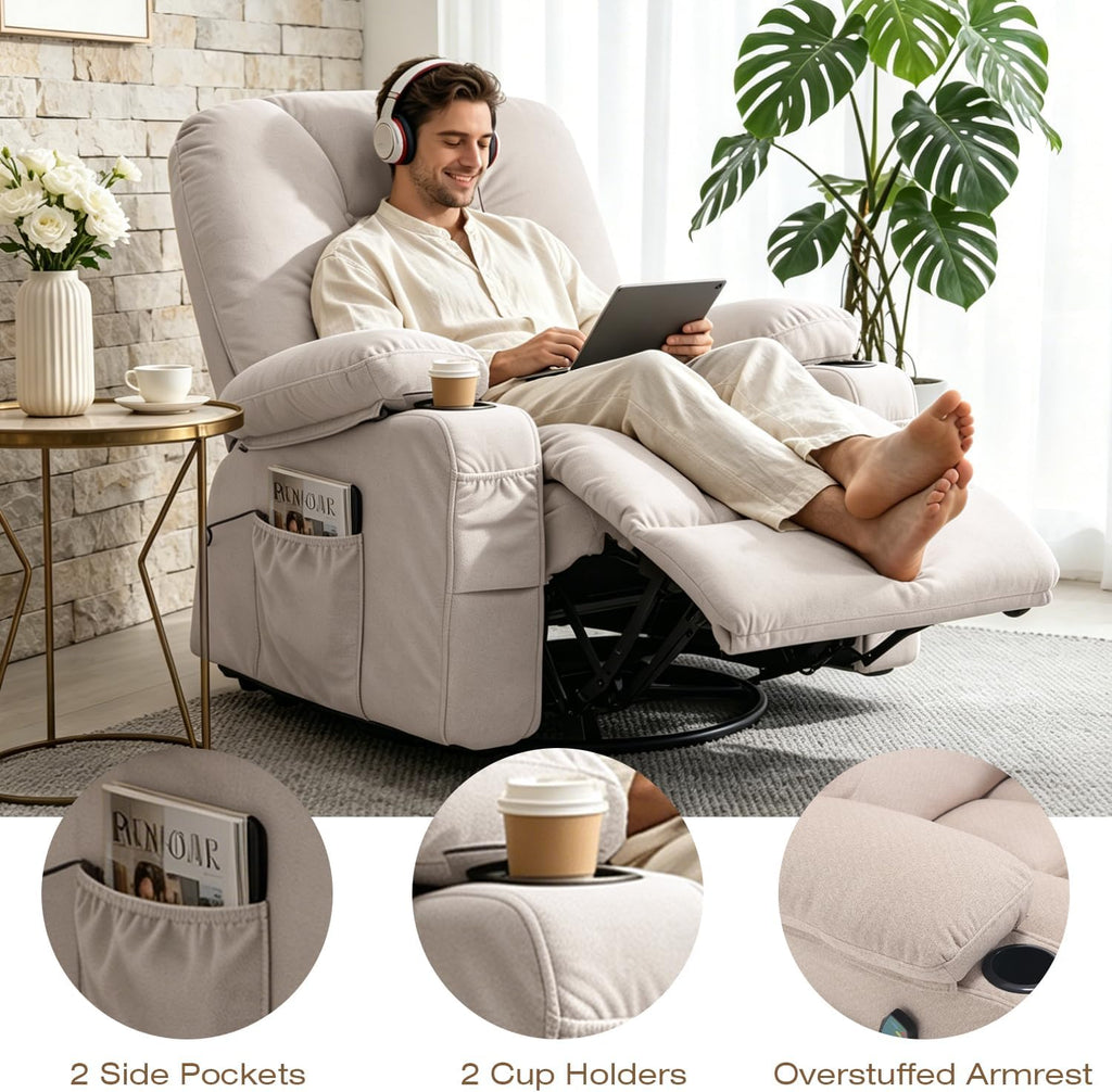 Rocker Recliner Chair with Massage and Heat, Oversized Rocking Nursery Recliners Overstuffed Swivel Glider with Cup Holder, Fabric Manual Single Sofa for Living Room, Beige