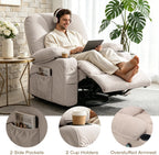 Rocker Recliner Chair with Massage and Heat, Oversized Rocking Nursery Recliners Overstuffed Swivel Glider with Cup Holder, Fabric Manual Single Sofa for Living Room, Beige