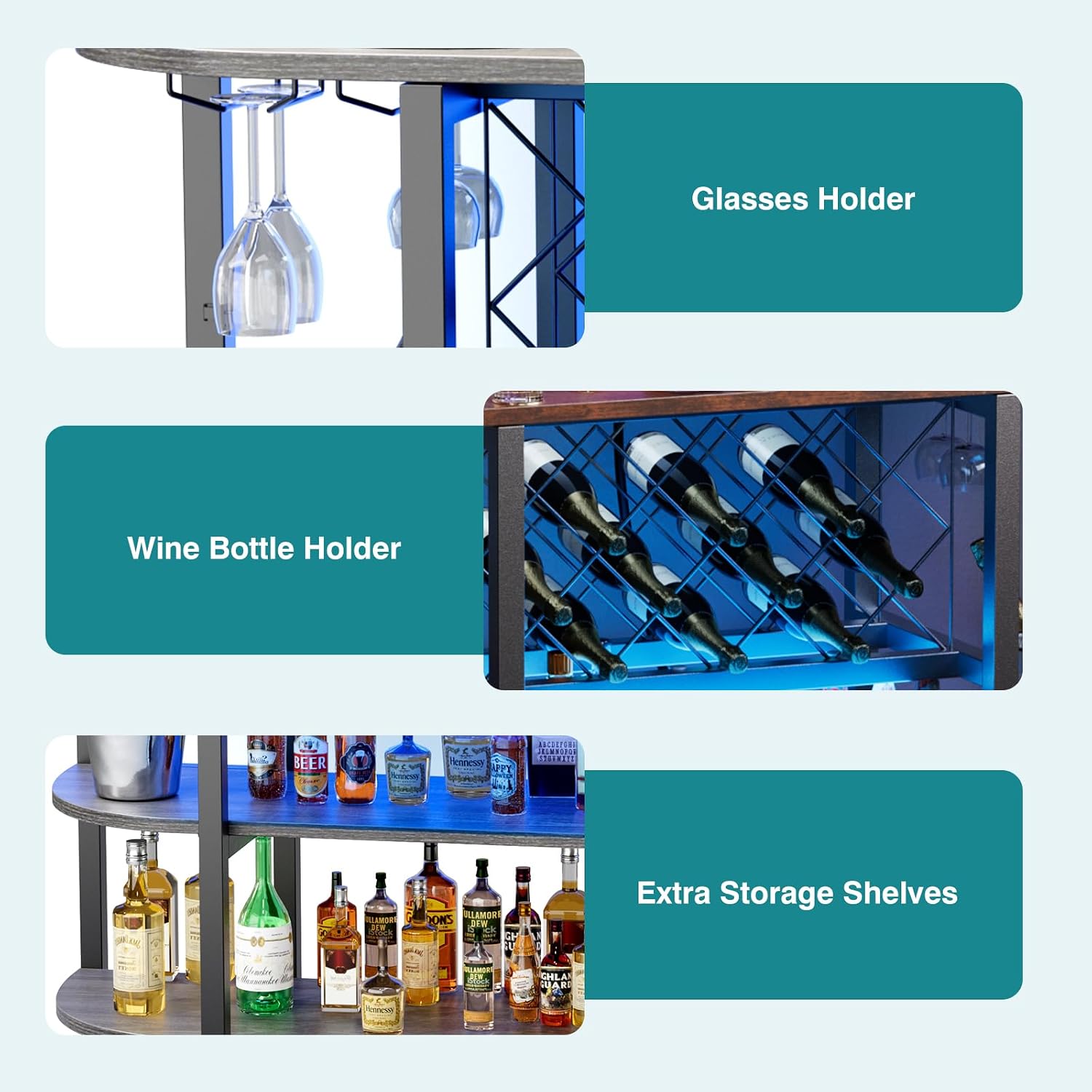 DUMOS Bar Cart with Power Outlet, LED Home Bar Cabinet with Storage, Metal Small Liquor Cabinet with Glasses & Wine Bottle Holder, Grey, 47.24" L x 15.74" D x 35.43" H