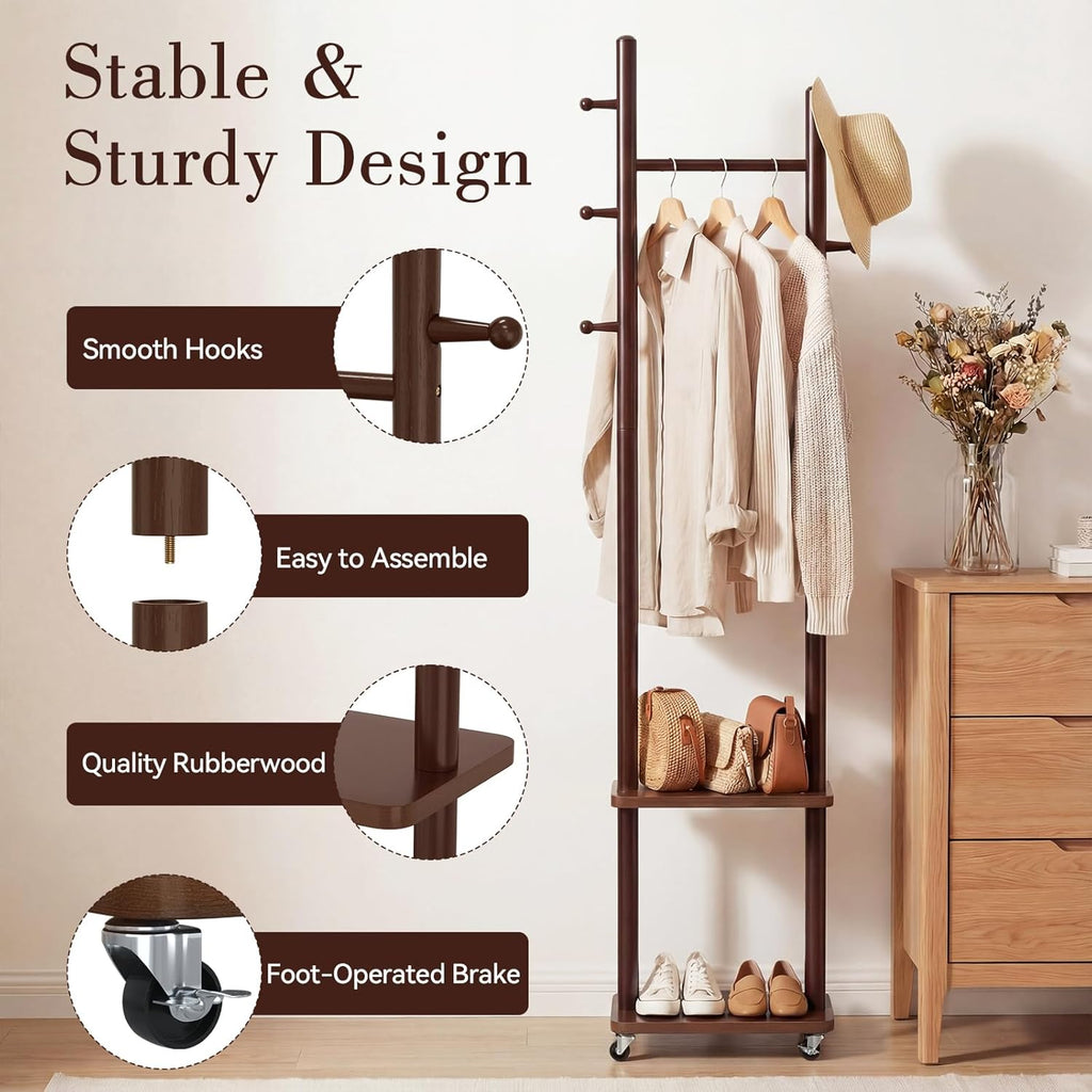 Coat Rack Freestanding, Solid Wood Coat Rack Stand, Clothing Rack with Wheels & 2 Shelves Storage & 5 Hooks, Heavy Duty Clothes Rack, Wood Coat Tree Stand Hat Hanger Rack for Bedroom Entryway Office
