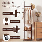 Coat Rack Freestanding, Solid Wood Coat Rack Stand, Clothing Rack with Wheels & 2 Shelves Storage & 5 Hooks, Heavy Duty Clothes Rack, Wood Coat Tree Stand Hat Hanger Rack for Bedroom Entryway Office
