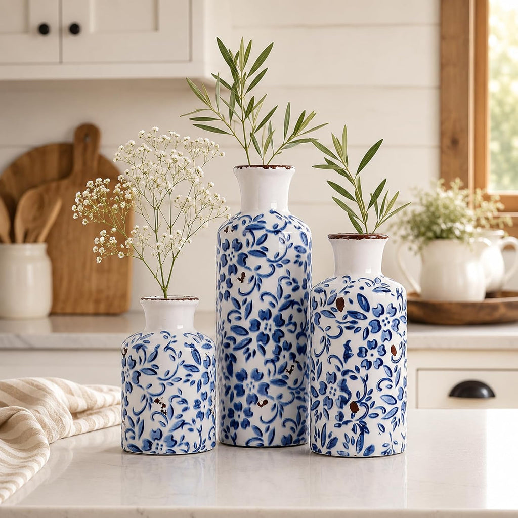 Blue and White Ceramic Vase Set of 3 – Vintage Floral Porcelain Pottery Vases, Rustic Decorative Vases for Flowers, Farmhouse Chinoiserie Home Decor, Table, Mantel, Living Room & Shelf Centerpieces