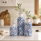 Blue and White Ceramic Vase Set of 3 – Vintage Floral Porcelain Pottery Vases, Rustic Decorative Vases for Flowers, Farmhouse Chinoiserie Home Decor, Table, Mantel, Living Room & Shelf Centerpieces