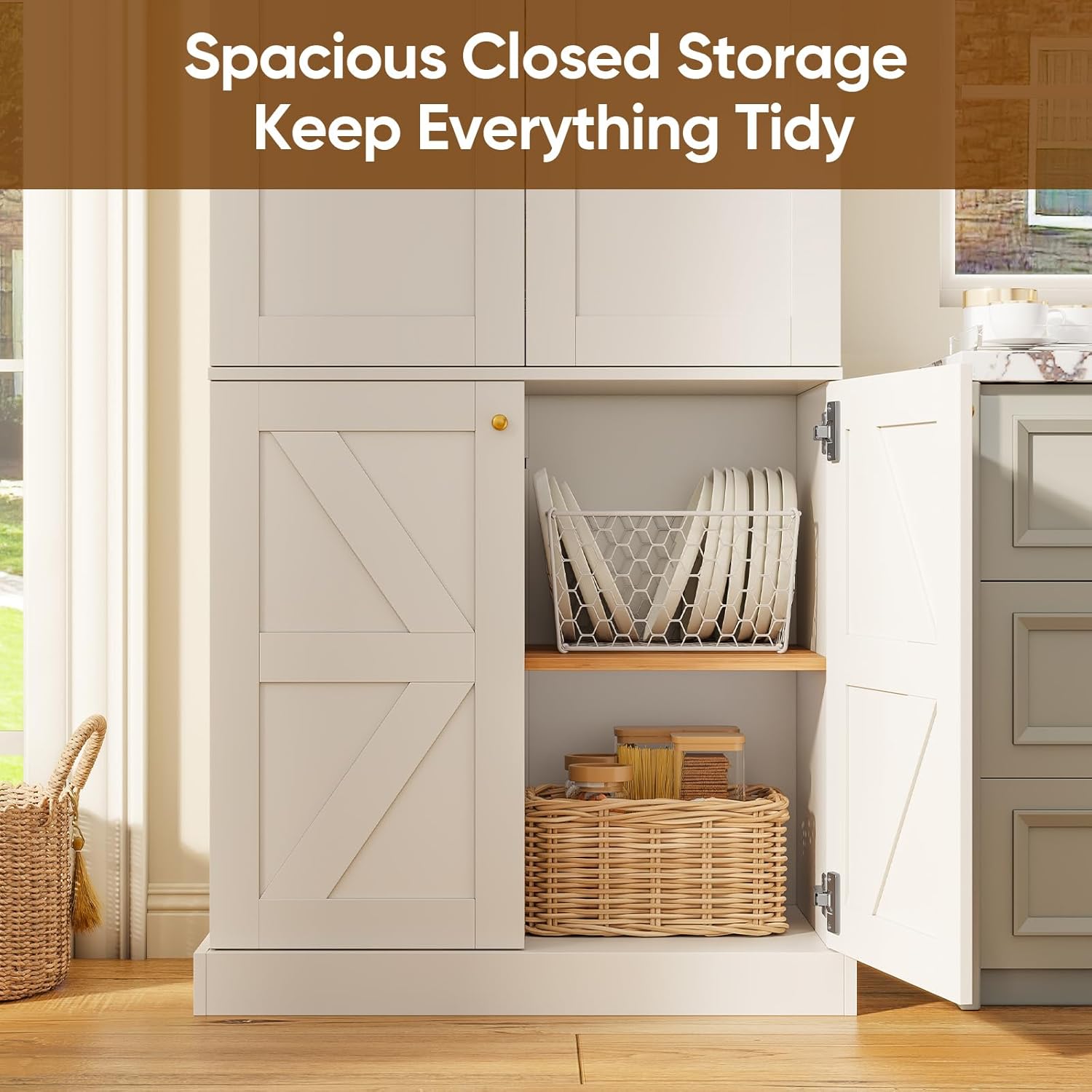70.8" Tall Farmhouse Kitchen Pantry Cabinet with Doors, Modular Storage Cabinet with 4-Tier Adjustable Shelves, Wooden Hutch for Kitchen or Living Room, White