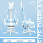 Ferghana Kawaii Bunny Ears Gaming Chair, Cute Gamer Chair with Footrest and Massage, Leather Ergonomic Computer Game Chairs for Girls Adults Teens Kids Light Blue
