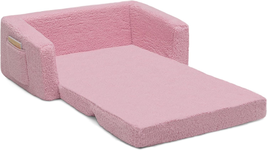 Delta Children Cozee Flip-Out Sherpa 2-in-1 Convertible Sofa to Lounger for Kids, Pink