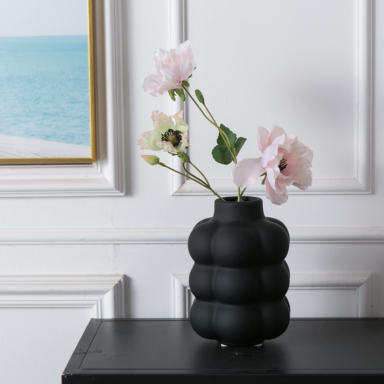 Mowtanco Black Ceramic Vase - Small Spherical Flower Vase for Centerpiece, Three Floors Design for Modern Home Decor, Boho Decorative Vase - 6.7" Tall