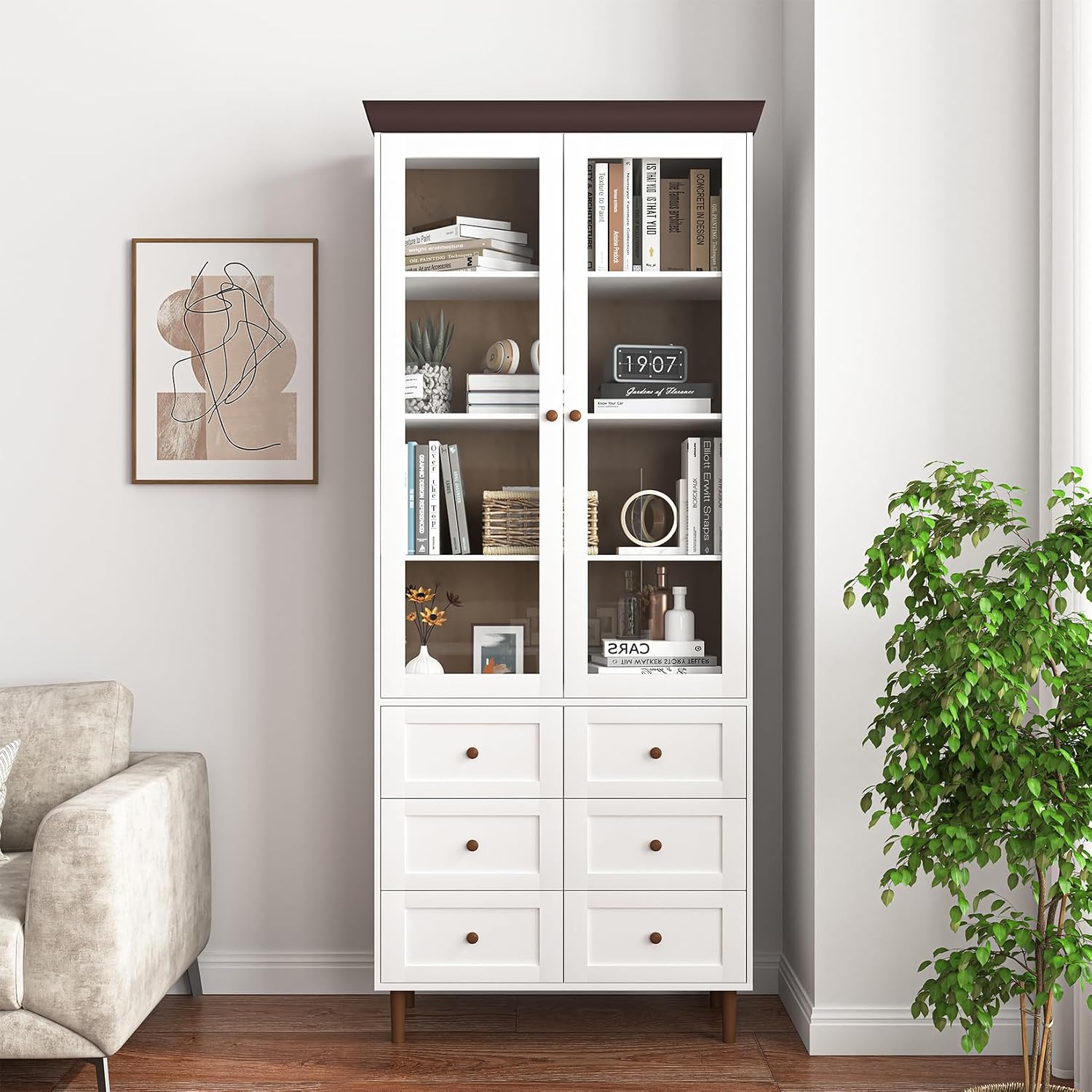 78.7'' Tall Kitchen Pantry Cabinet, Wooden Display Cabinet with 6 Drawer, 2 Glass Doors and 3 Adjustable Shelves, Freestanding Pantry Storage Cupboard for Dining Room and Kitchen, White