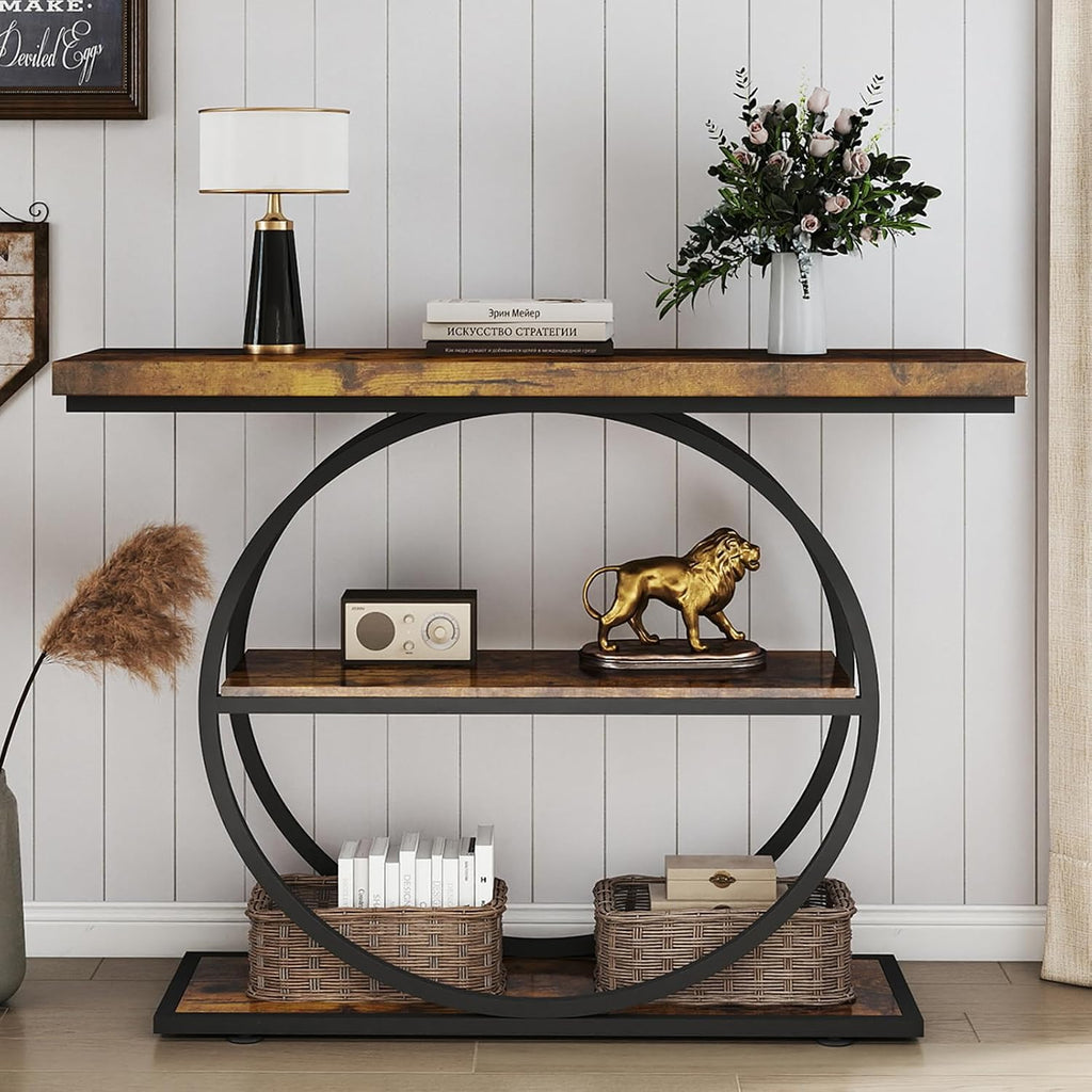 Arbuxzuy 41.3 Entryway Table, Industrial 3-Tier Narrow Console Table, Round Frame Foyer Table for Living Room, Hallway, Wood Accent Tables with Storage Shelves Brown & Black(Lagre)