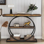Arbuxzuy 41.3 Entryway Table, Industrial 3-Tier Narrow Console Table, Round Frame Foyer Table for Living Room, Hallway, Wood Accent Tables with Storage Shelves Brown & Black(Lagre)