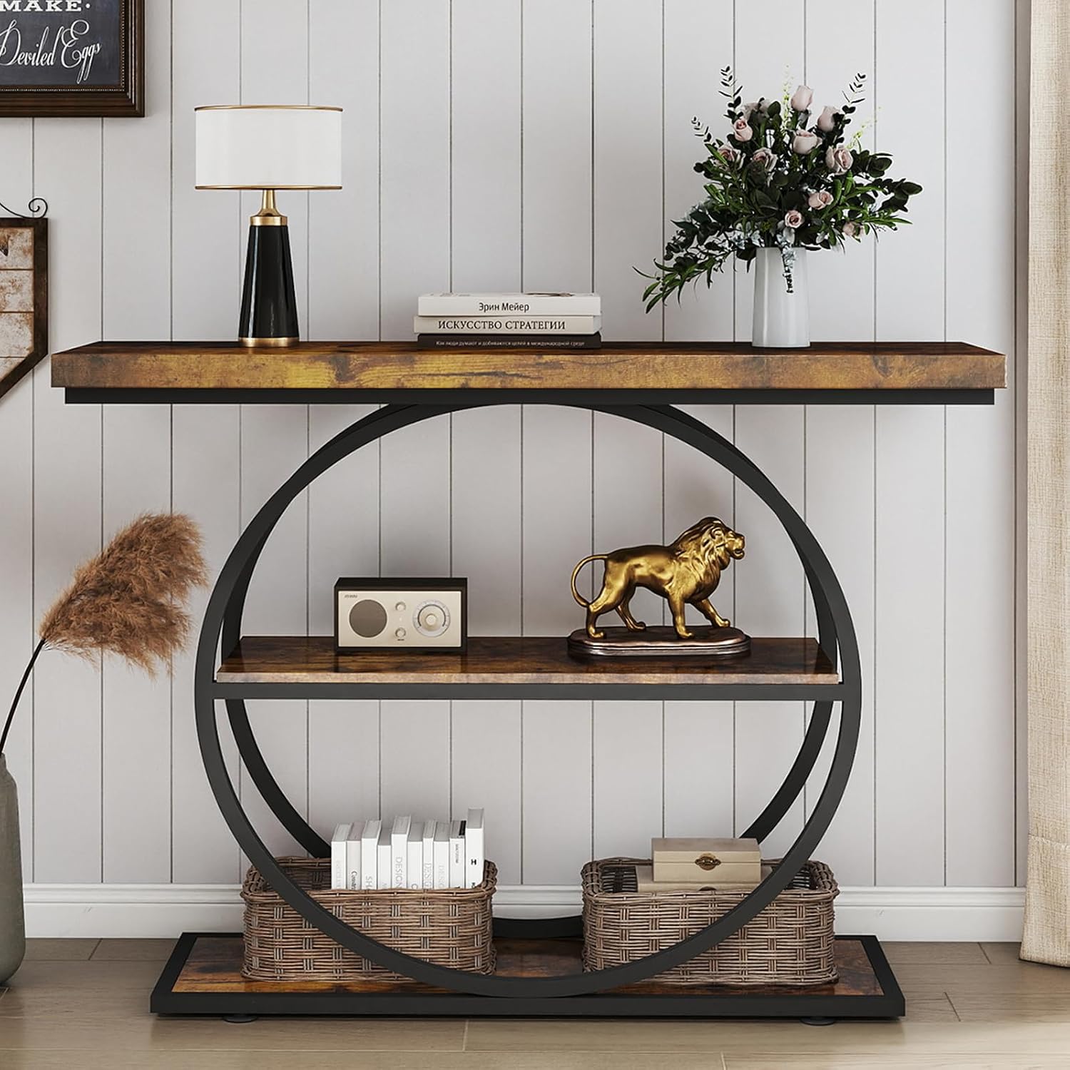 Arbuxzuy 41.3 Entryway Table, Industrial 3-Tier Narrow Console Table, Round Frame Foyer Table for Living Room, Hallway, Wood Accent Tables with Storage Shelves Brown & Black(Lagre)