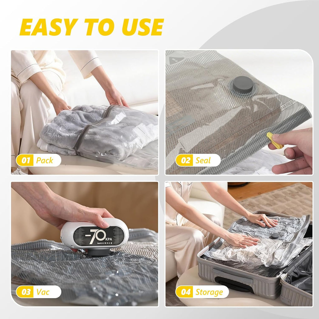 15 Pack Travel Vacuum Bags with Electric Pump, 70KPa Vacuum Storage Bags for Clothing, Reusable Space Saver Bags for Suitcase, Travel & Home Storage, Alpine White