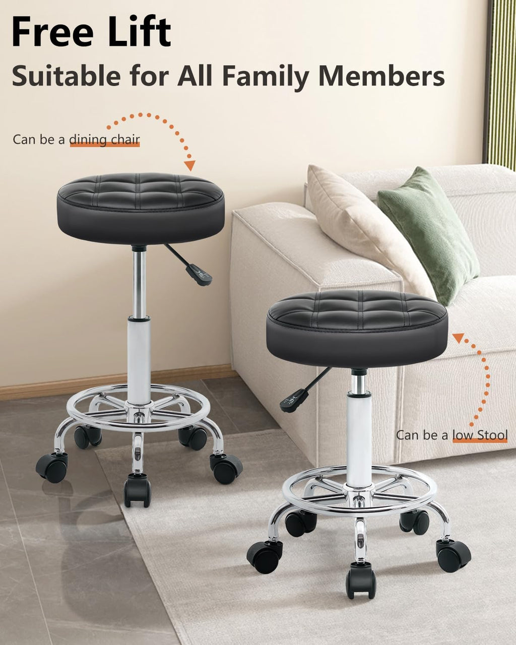 Rolling Stool with Wheels - Swivel Small Office Chair with Footrest, PU Leather Shop Stool for Office Spa Studio Lab Counter Salon Home Work Bar Kitchen Shop Teach Medical Facial, Black