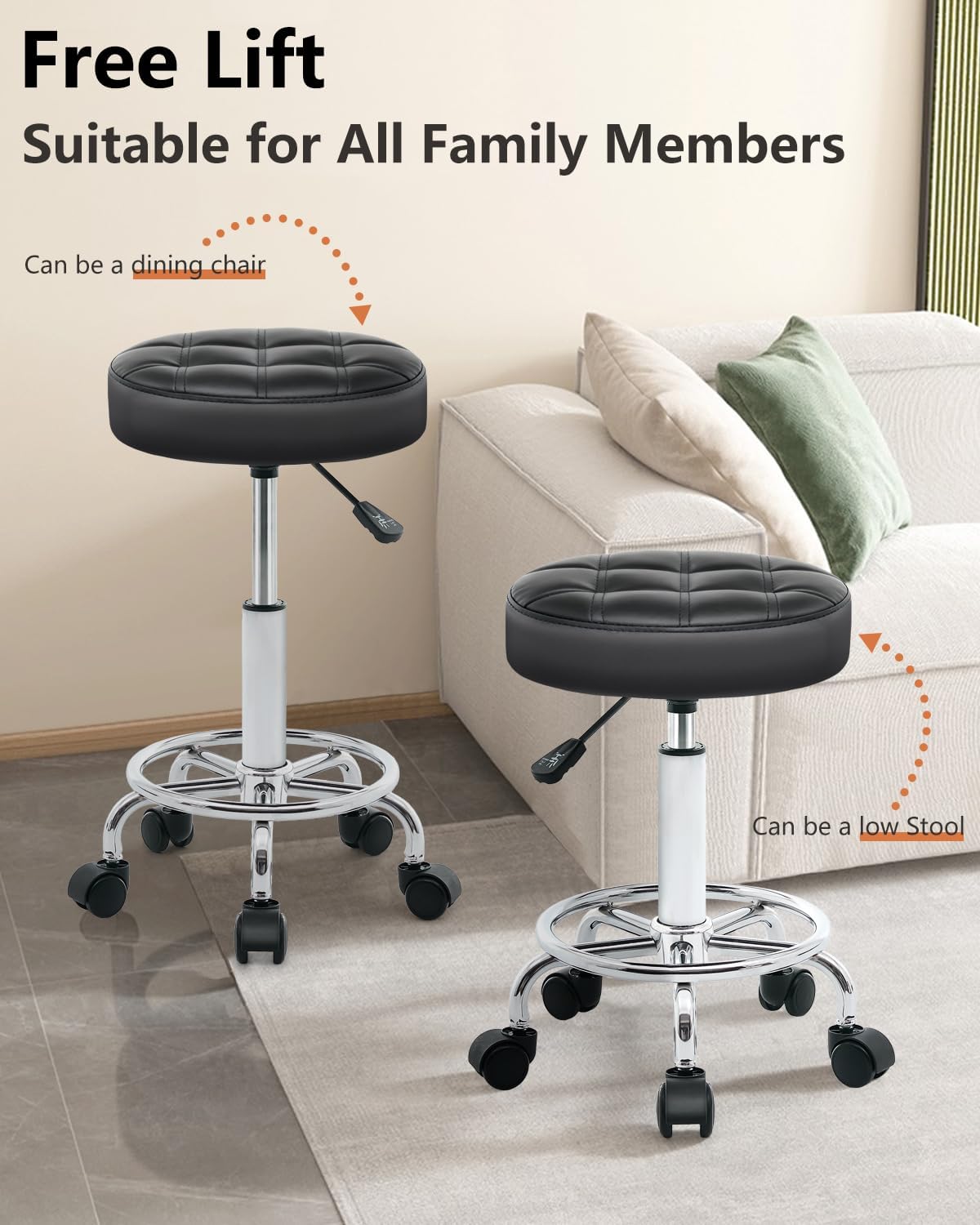 Rolling Stool with Wheels - Swivel Small Office Chair with Footrest, PU Leather Shop Stool for Office Spa Studio Lab Counter Salon Home Work Bar Kitchen Shop Teach Medical Facial, Black