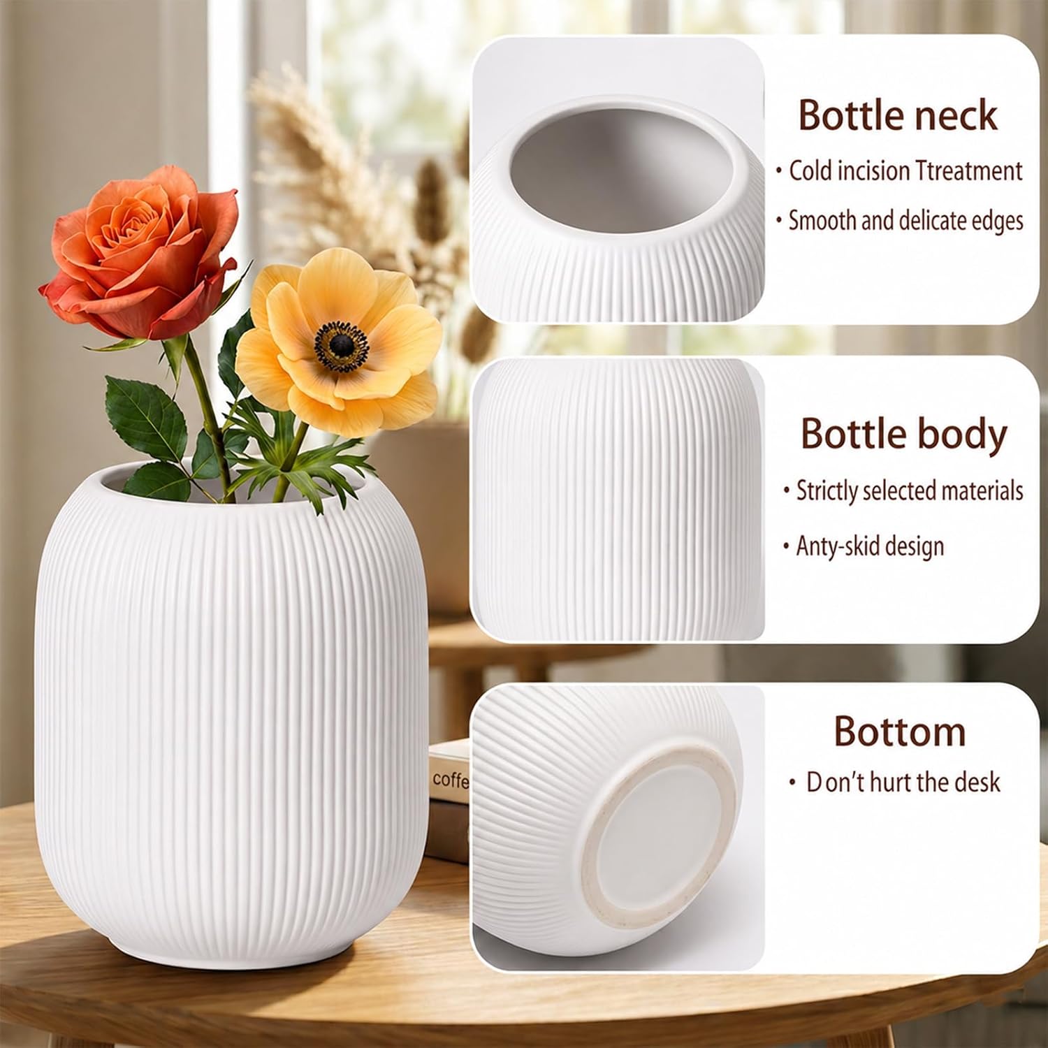 Ceramic Vase Set for Decor, Small Bud Vases, Pastel Decorative Vases for Table, Shelf, Living Room, Kitchen, Nursery, Dorm, (White)