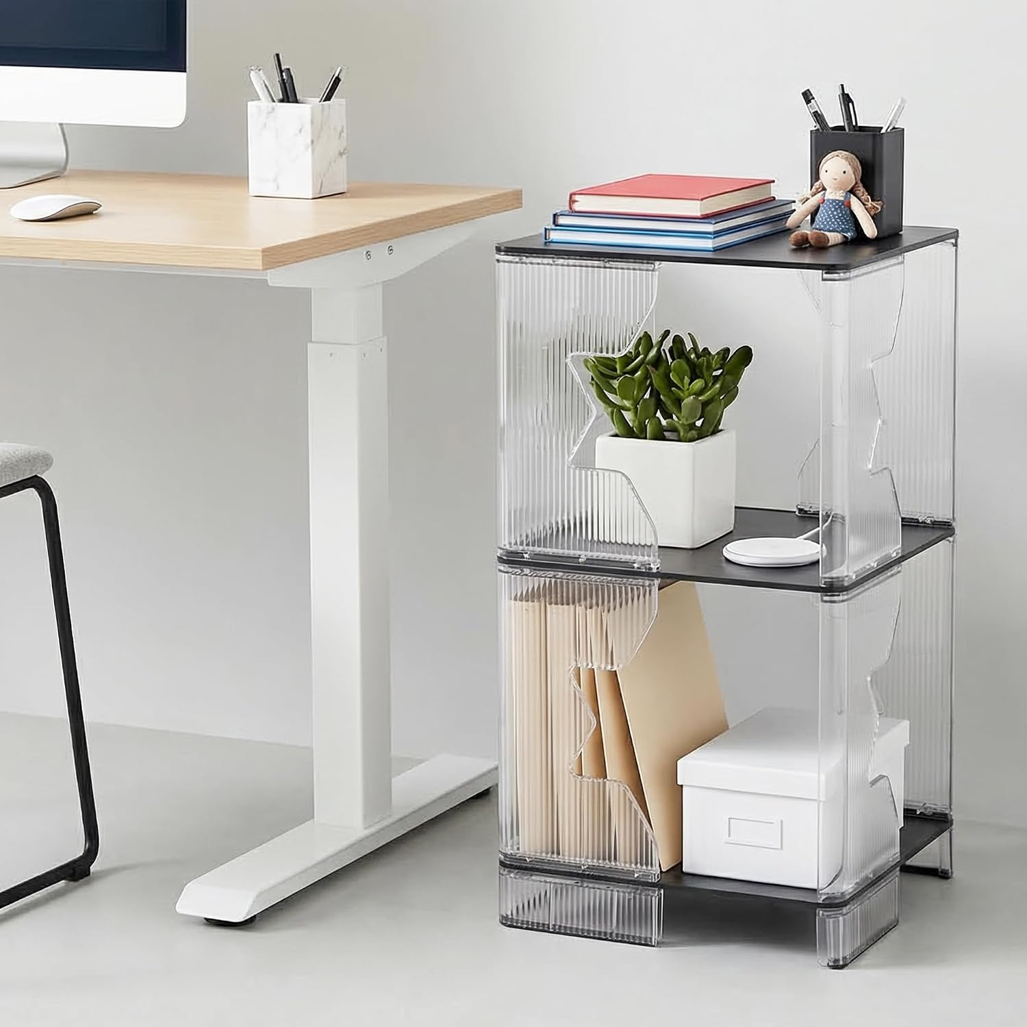 MUKAI Side Tables Set of 2 End Table with 3 Storage Shelve Transparent Bedside Simplicity Clear 3-Tier Nightstands Small Spaces lockers Office Bedroom Living Room Study Transparent