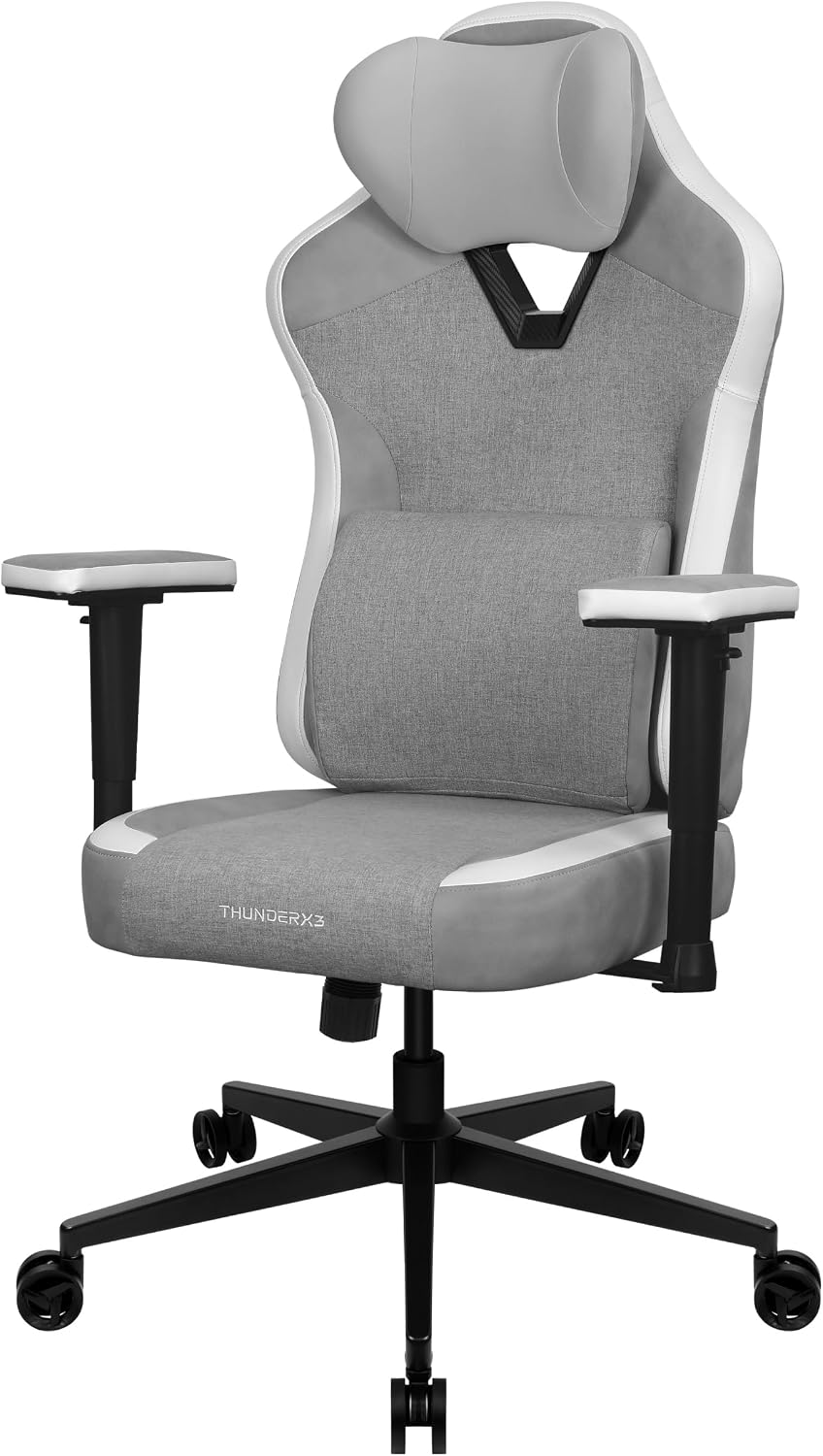 ThunderX3 EAZE Gaming Chair, for Adults Ergonomic Office Chair, High Back Desk Chair, Synchronous Tilt, Memory Foam Lumbar Support, Neck Pillow, Adjustable Soft Armrest, Fabric, Loft Light Grey