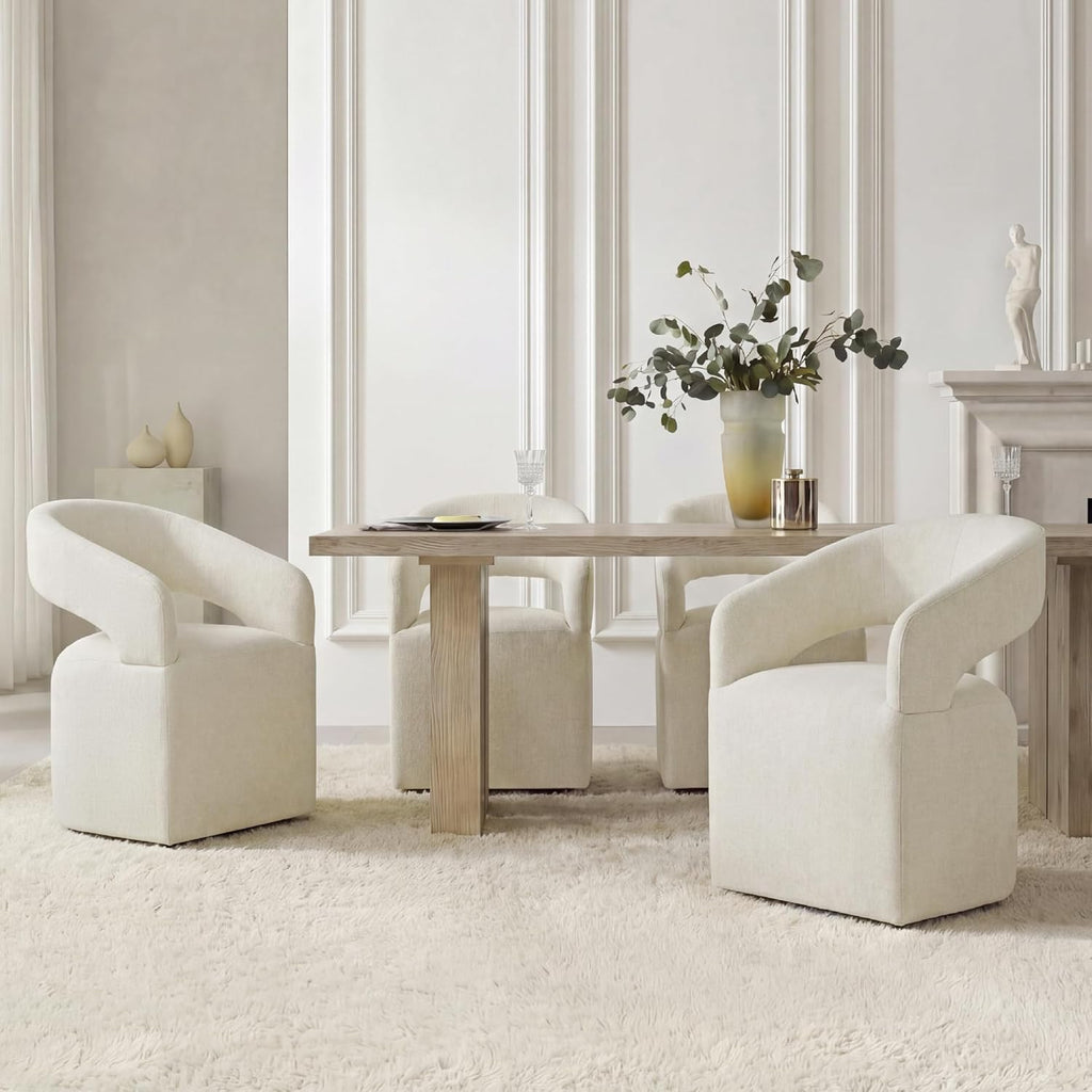 KISLOT Upholstered Dining Chairs Set of 4, Modern Arm Kitchen & Dining Room Chairs with Hidden Casters, Linen Fabric Padded Rolling Chairs, Sturdy Wood Frame, 300 lbs Capacity, Cream Beige